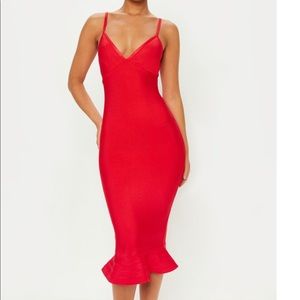 PrettyLittleThing Red bandage frill dress